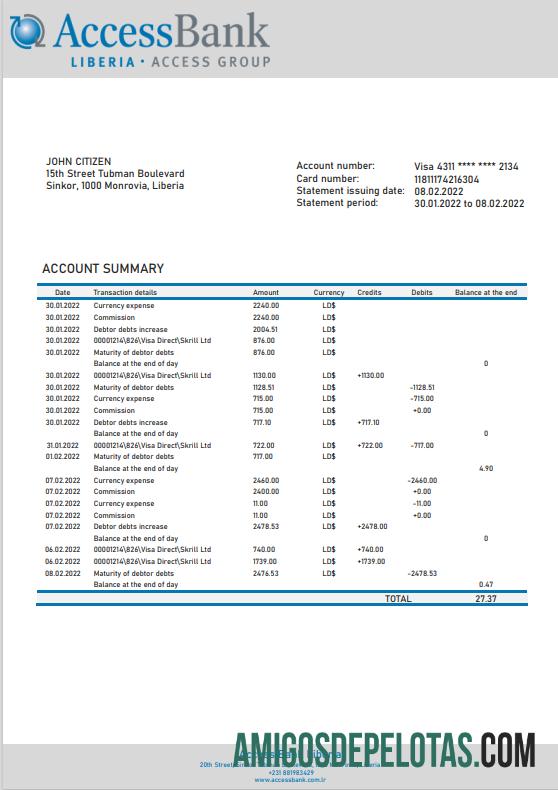 modelo realista de extrato bancário de acesso da Libéria em formato Word e PDF